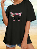 Women's T-Shirt Floral Accents With Playful Pink Cheeks Adorable Cat Face