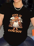 Women's T-Shirt Cool It Cowboy Desert Landscape With Cacti Ghost Wearing Cowboy Hat