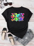 Women's T-Shirt Colorful Radiant Multilayered Hearts Pattern On Black Shirt