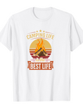 Men's T-Shirt Camping Life With Sunset Fire Among Mountain Trees And Campfire Scene