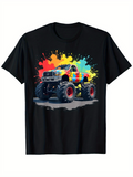 Men's T-Shirt Colorful Paint Splatters With Rainbow Lights Surrounding Monster Truck