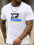 Men's T-Shirt Born To Go Fishing With Playful Cartoon Figure Holding Fishing Rod