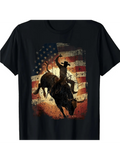 Men's T-Shirt Retro Grunge American Flag With Cowboy Riding Wild Bull