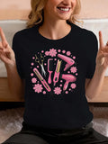 Women's T-Shirt Pink Tools And Flowers Surrounded By Soft Blooming Petals Hairstyling Equipment