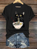 Women's T-Shirt Adorable Black Cat Enjoying Ramen With Egg And Chopsticks Bowl