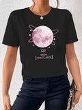 Women's T-Shirt Moon Surrounded By Pink Rings With Shining Stars Pink Planet