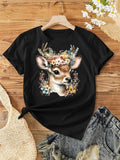 Women's T-Shirt Woodland Flowers With Colorful Blossoms Surrounding A Gentle Deer