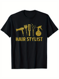 Men's T-Shirt Hair Stylist Golden Tools Pattern Under Sparkling Letters