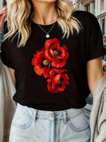 Women's T-Shirt Vivid Scarlet Blooms With Delicate Petals Against Black Flower