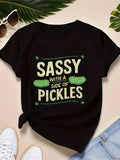 Women's T-Shirt Sassy With A Side Of Pickles Surrounded By Playful Green Cartoon Pickle Slices Pickle