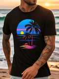Men's T-Shirt Colorful Neon Sunset With Palm Trees Beside Gentle Ocean Waves Beach