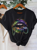 Women's T-Shirt Color Splash With Glittering Chains And Leopard Pattern Lips
