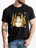 Men's T-Shirt Golden Christmas Trees With Snowflakes Surrounding A Cheerful Snowman