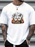 Men's T-Shirt Halloween Ghosts With Pumpkins Among Autumn Fallen Leaves Campfire