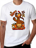 Men's T-Shirt Happy Thanksgiving Festive Autumn Leaves With Cheerful Cartoon Turkey