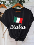 Women's T-Shirt Italia Script Text With Italian Flag Motif On Black T Shirt
