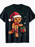 Men's T-Shirt Festive Gingerbread Cookie Wearing Santa Hat With Headphones Holding Gift Box