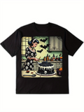 Men's T-Shirt Retro Kitchen Scene With Woman Baking Under Bats And Skulls Cake