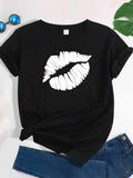 Women's T-Shirt Bold White Kiss Print With Striking Outline On Soft Black T Shirt