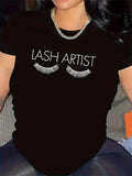 Women's T-Shirt Lash Artist With Realistic Eyelash Graphic Over Silky Black Cotton Fabric T Shirt