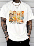 Men's T-Shirt Fall Vibes Scarecrow Autumn Leaves Pumpkins Wheat In Harvest Field