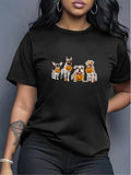 Women's T-Shirt Four Spotted Dogs With Halloween Pumpkins Under Dark Night Sky