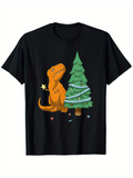 Men's T-Shirt Playful Orange Dinosaur With Christmas Tree Lights Under Evergreen Tree Dinosaur