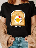 Women's T-Shirt Cartoon Toast With Smiling Fried Egg And Little Red Heart