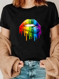 Women's T-Shirt Dripping Multicolor Rainbow Lips On Black T Shirt