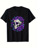 Men's T-Shirt Vivid Purple Roses Blooming Around Ornate Sugar Skull