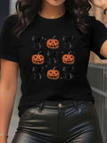 Women's T-Shirt Halloween Pumpkins And Black Cats Under Night Sky Pumpkin