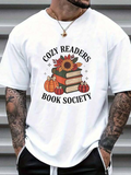 Men's T-Shirt Cozy Readers With Pumpkins Autumn Leaves And Sunflower Books