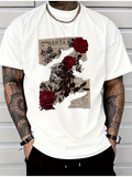 Men's T-Shirt Vintage Newspaper Print With Red Roses And Artistic Torn Paper Rose