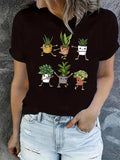 Women's T-Shirt Dancing Cute Cartoon Pots With Green Houseplants Under Playful Smiling Faces Plant