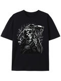 Men's T-Shirt Dark Night Surrounded By Flames Holding Scythe Grinning Reaper Skeleton