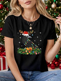 Women's T-Shirt Twinkling Festive Lights Surrounding A Reindeer Wearing Christmas Hat