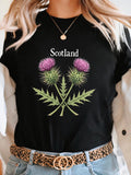 Women's T-Shirt Scotland Embroidered Botanical Thistle Flowers With Delicate Green Leaves Thistle