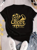 Women's T-Shirt Cheer Leader Golden Pom Poms With Megaphone On Black Shirt