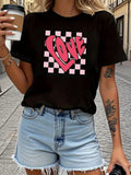 Women's T-Shirt Love Pink Heart Over Checkerboard Graphic Love