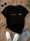 Women's T-Shirt Love Script With Whimsical Heart Above Simple Black T Shirt