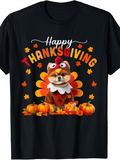 Men's T-Shirt Happy Thanksgiving Cute Dog With Autumn Leaves And Pumpkins