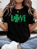 Women's T-Shirt Love With Green Shamrock Leaf Among Friendly Lettering
