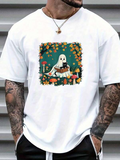 Men's T-Shirt Autumn Leaves Falling With Ghost Among Forest Mushrooms And Cat