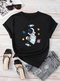 Women's T-Shirt Floating Among Colorful Planets Rockets And Shining Stars Astronaut