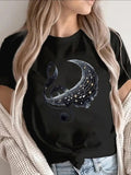 Women's T-Shirt Mystical Starry Night With Crescent Moon Embracing Shimmering Musical Note