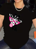 Women's T-Shirt Playful Pink Glasses With Bubblegum Chewing Cartoon Giraffe