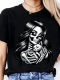 Women's T-Shirt Long Haired Skeleton Woman Holding Sleeping White Cat