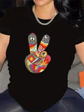Women's T-Shirt Colorful Patterns With Stars Moon And Peace Sign Hand