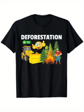 Men's T-Shirt Deforestation Cartoon Style Smiley Bulldozer Burning Pine Trees Illustration