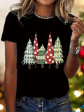 Women's T-Shirt Whimsical Holiday Pattern With Festive Green Red Decorated Christmas Trees
